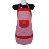 Kuber Industries Happy Chef Checkered Cotton Waterproof Kitchen Apron with Front Pocket - Red
